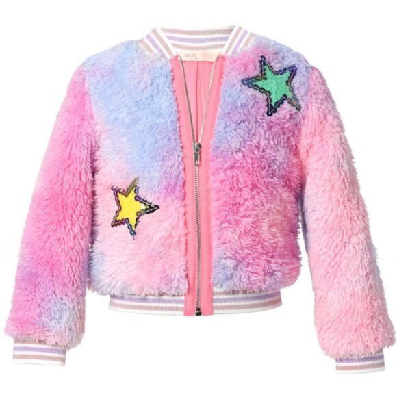 Baby Sara Multi Pink Tie Dye Faux Fur Bomber Jacket w/Star Trim Detail - Picture 5 of 10